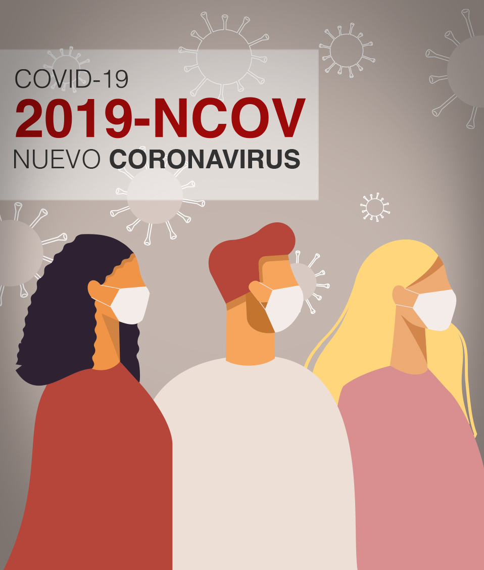 La imagen muestra una composición de la estructura de un virus con siluetas de personas ataviadas con mascarillas. Se muestra el texto COVID 2019.