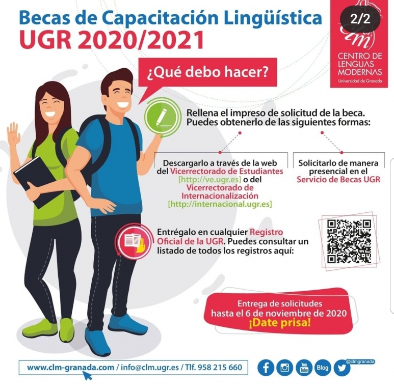Imagen con instrucciones para las Becas de Capacitación Lingúística UGR 2020/2021