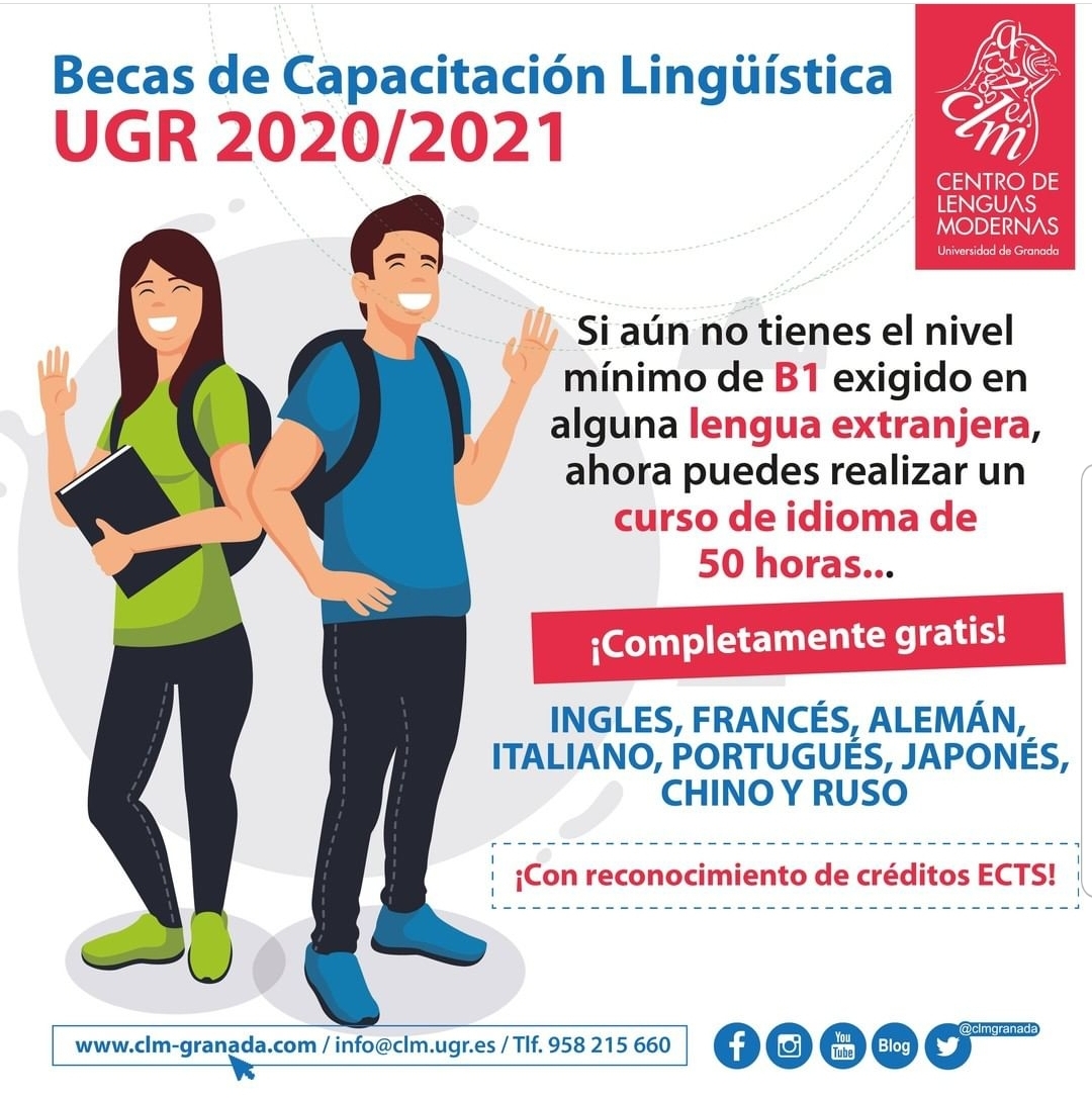 Imagen publicitaria de la convocatoria de Becas de Capacitaciń Lingüística UGR 2020/2021